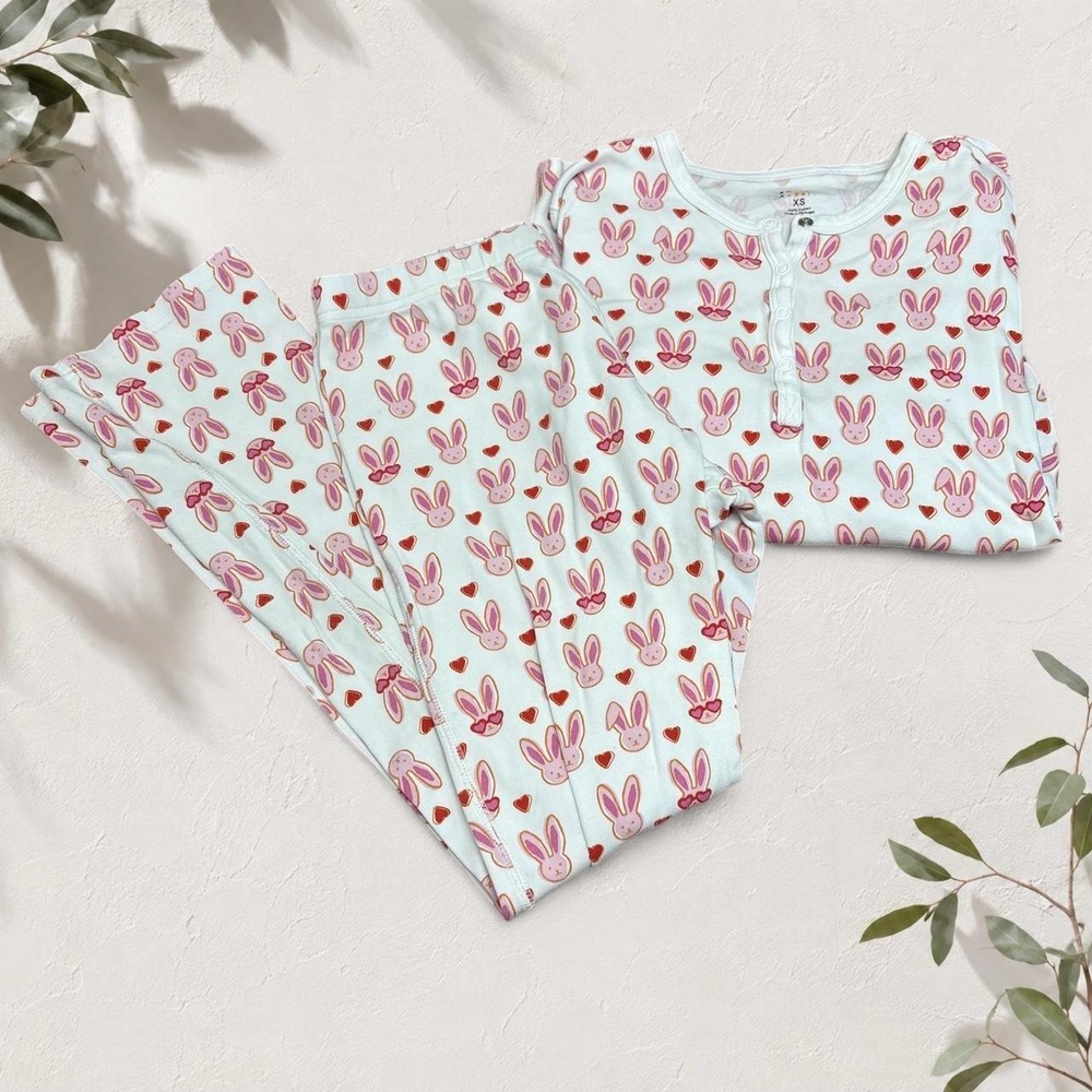 Roller Rabbit Lovestruck Bunny Pajama Set Pink White XS Heart Sunglasses Henley